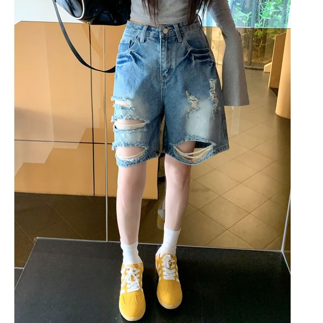 High Waist Washed Distressed Denim Shorts