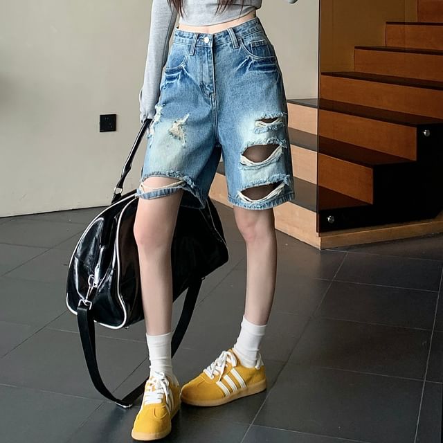 High Waist Washed Distressed Denim Shorts