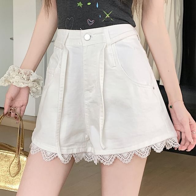 High Waist Lace Trim Washed Denim Wide Leg Shorts