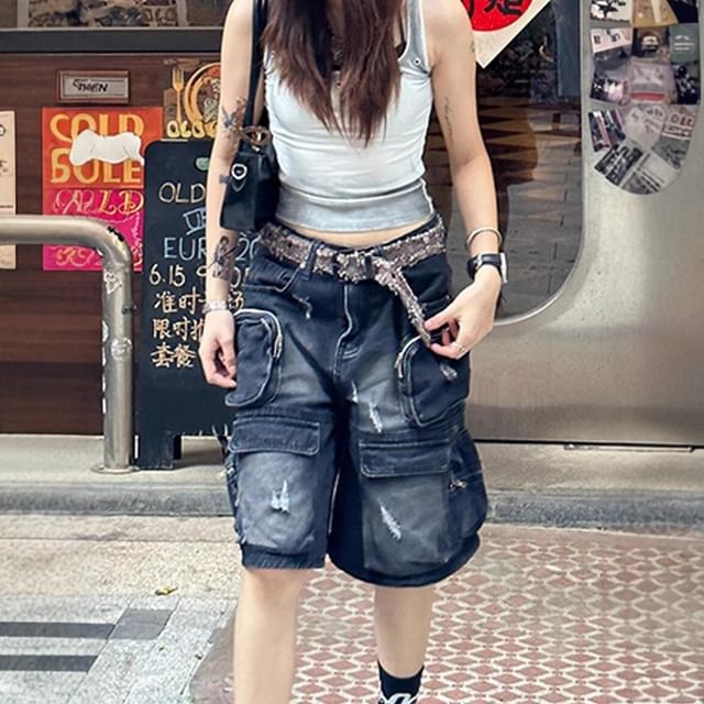 Low Rise Washed Distressed Pocket Detail Denim Shorts