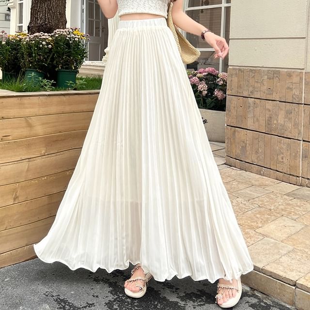Elasticized Pleated Maxi Flared Skirt