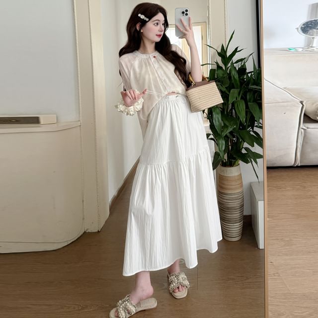 Maternity Jacquard Button Blouse & Midi Skirt Set