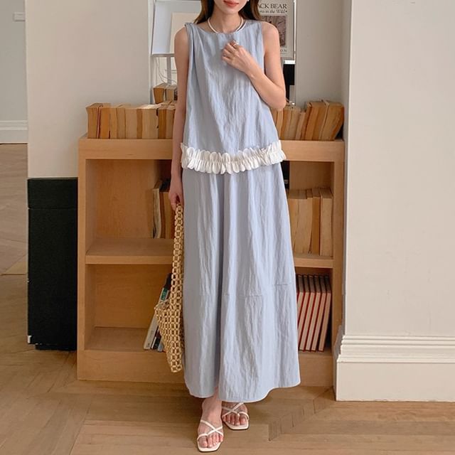 Frilled Knot Crop Top & Flared Maxi Skirt Ensemble