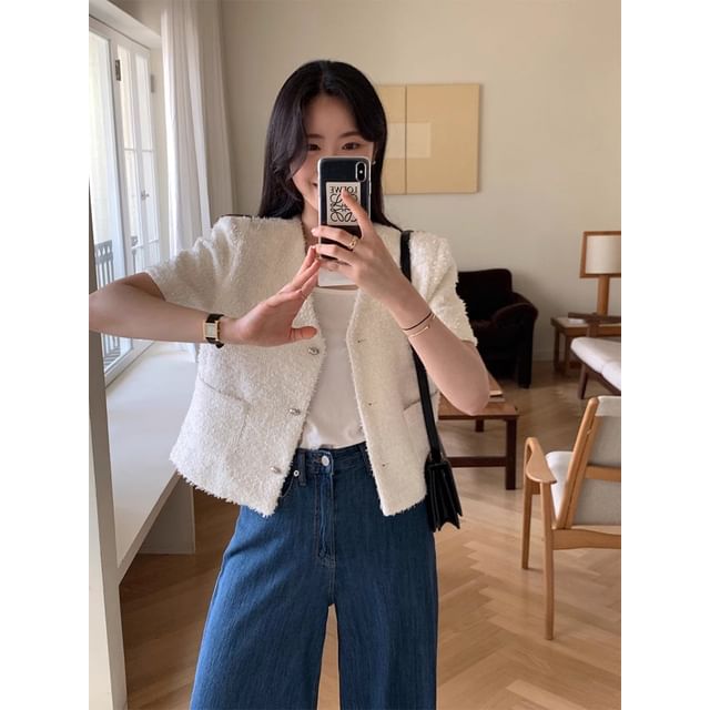 Short-Sleeve V-Neck Fringed Button-Up Plain Tweed Jacket