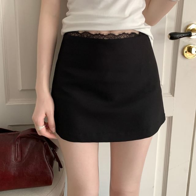Lace-Trimmed Mini Pencil Skirt with Mid Rise