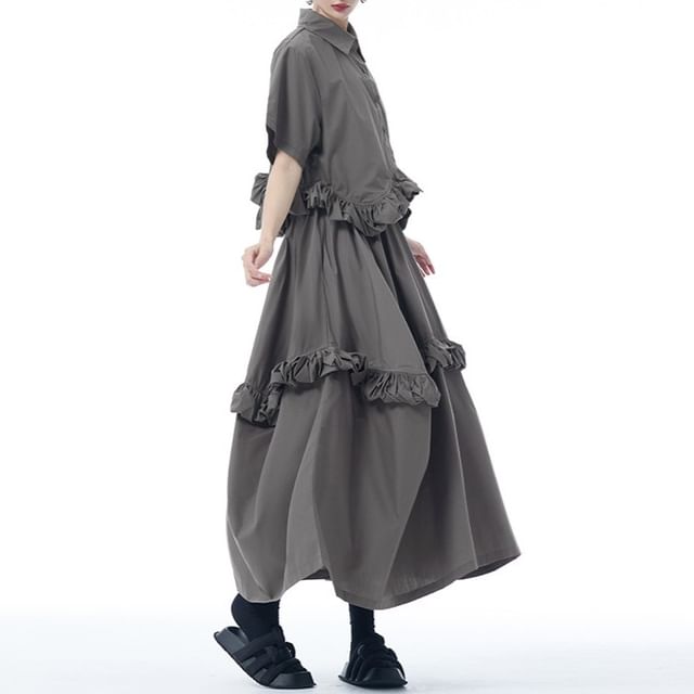 Collared Crop Blouse with Ruffle Hem and High-Rise Midi Skirt