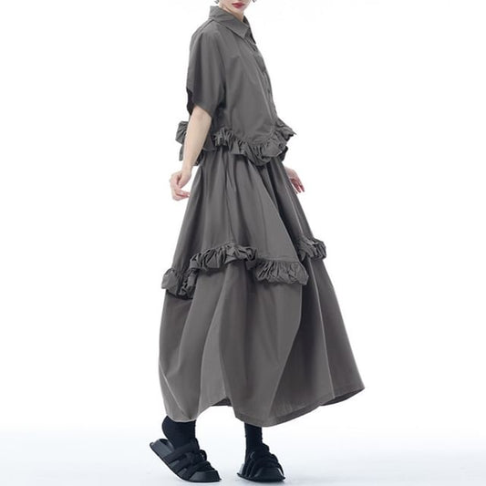 Collared Crop Blouse with Ruffle Hem and High-Rise Midi Skirt