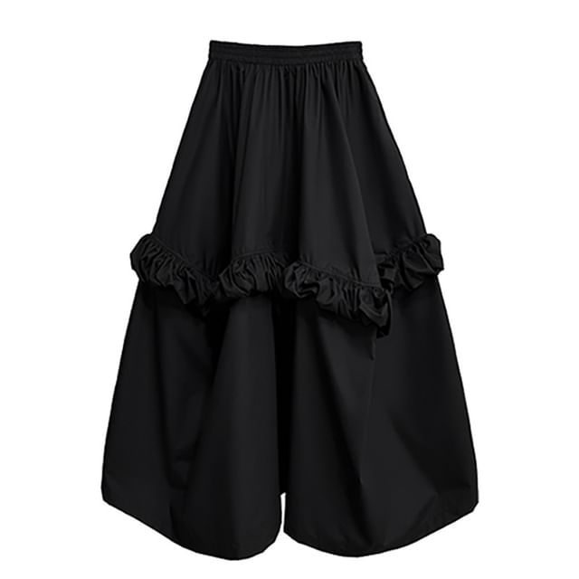 Collared Crop Blouse with Ruffle Hem and High-Rise Midi Skirt
