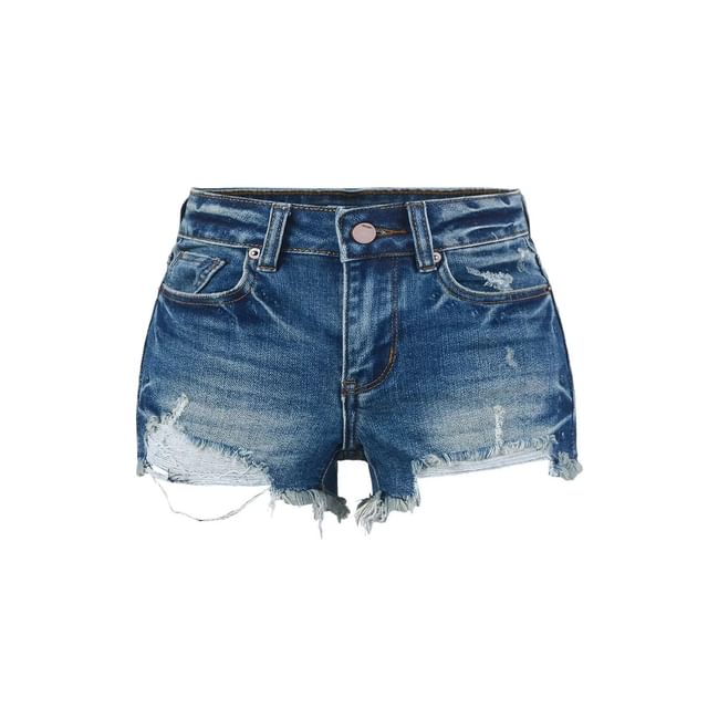 Low Rise Washed Frayed Distressed Denim Hot Pants