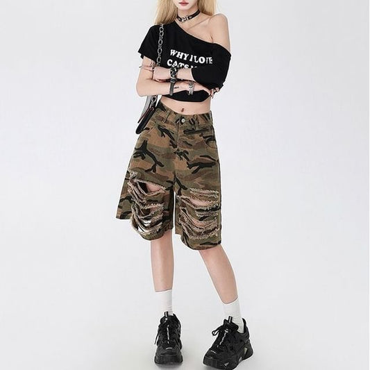 High Waist Camouflage Wide Leg Jorts