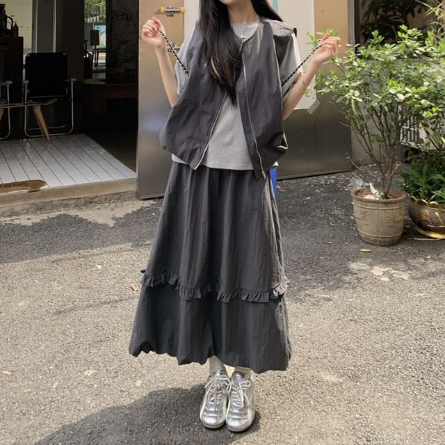 Crew Neck Tee with Zip Vest and Frill Balloon Skirt