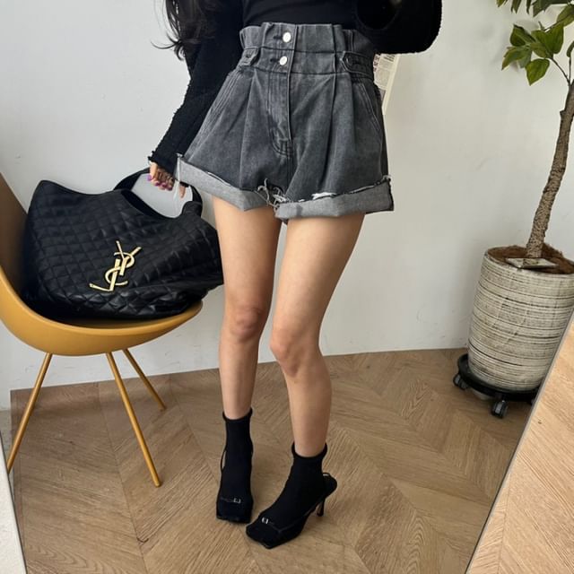 High Waist Frayed Denim Shorts