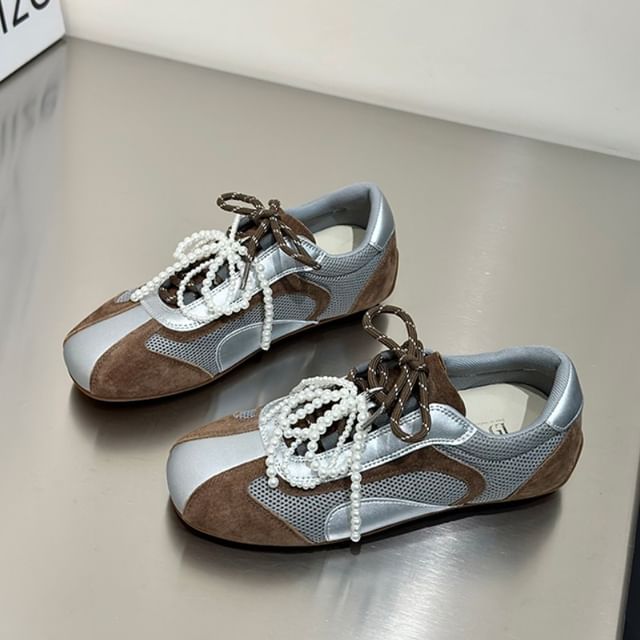 Panel Sneakers Mesh Beaded Bow Square Toe