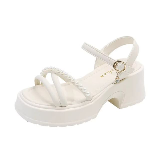 Faux Block Platform Pearl Sandals Heel