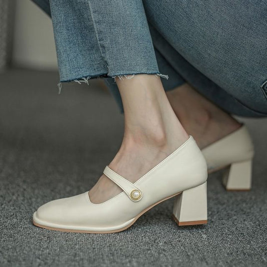 Heel Pumps Faux Pearl Chunky Jane Square Toe Mary