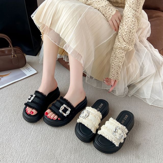 Sandals Slide Platform Trim Buckled Fringed Rhinestone
