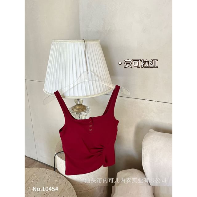 Square Neck Henley Plain Crop Tank Top