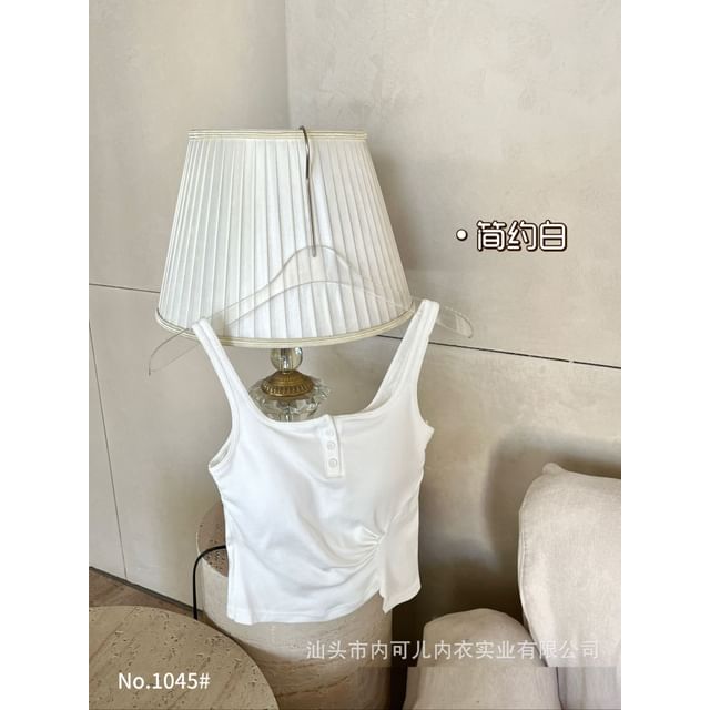 Square Neck Henley Plain Crop Tank Top