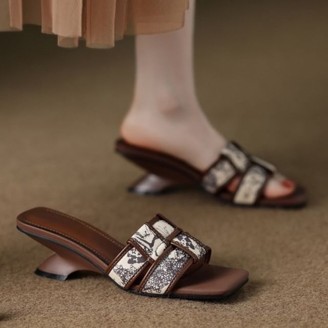 Slide Sandals Heel Print Woven Wedge