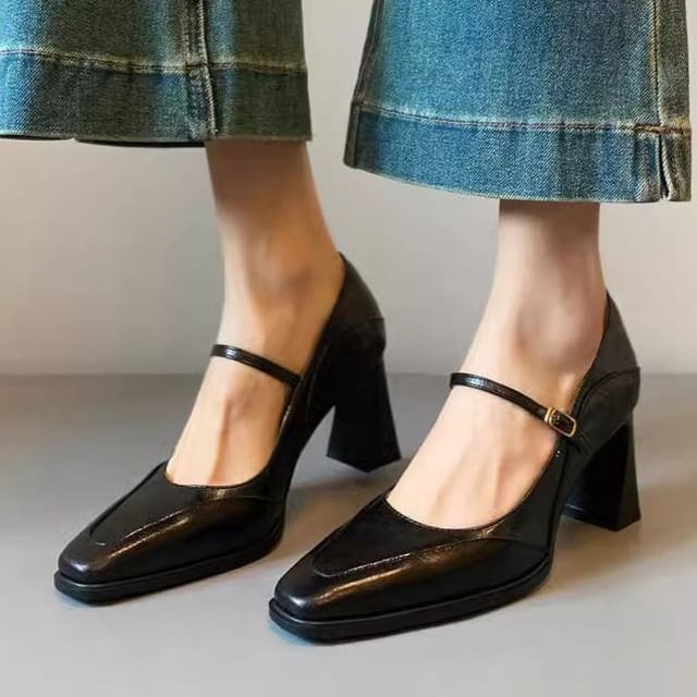 Jane Heel Faux Leather Chunky Mary Shoes