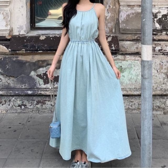 Open Back Spaghetti Strap Plain Maxi A-Line Dress