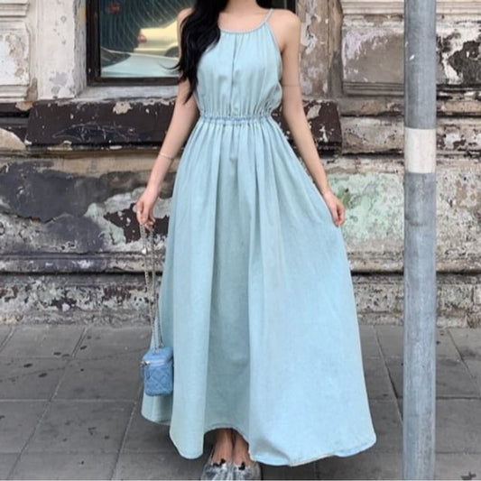 Open Back Spaghetti Strap Plain Maxi A-Line Dress