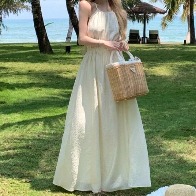 Open Back Spaghetti Strap Plain Maxi A-Line Dress