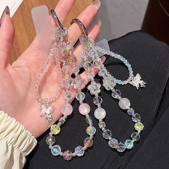 Faux Beaded Phone Strap Crystal Lanyard Butterfly Pad Wrist with