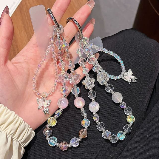 Faux Beaded Phone Strap Crystal Lanyard Butterfly Pad Wrist with