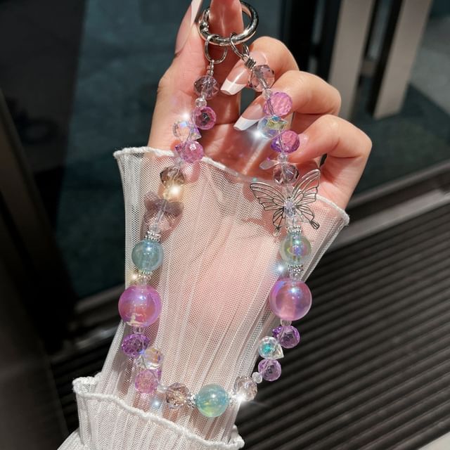 Faux Crystal Beaded Wrist Strap Phone Butterfly