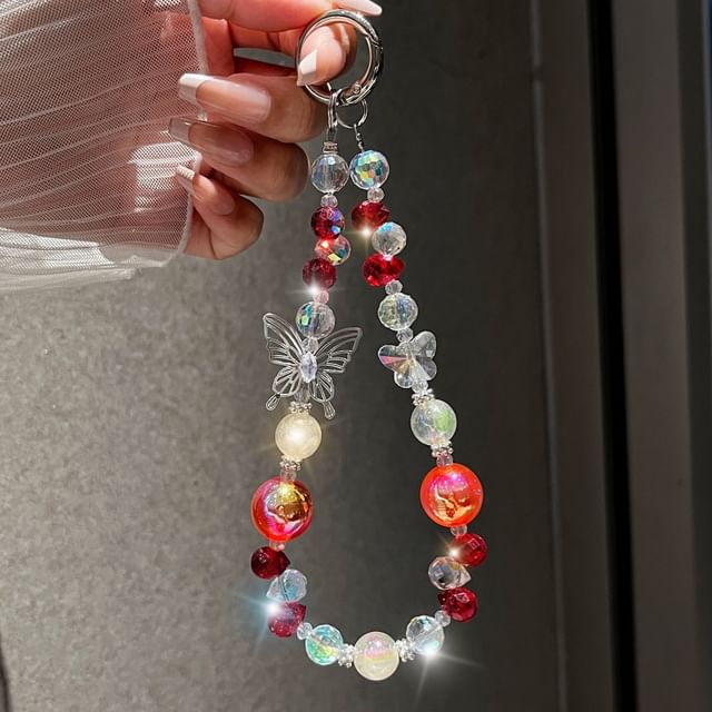 Faux Crystal Beaded Wrist Strap Phone Butterfly