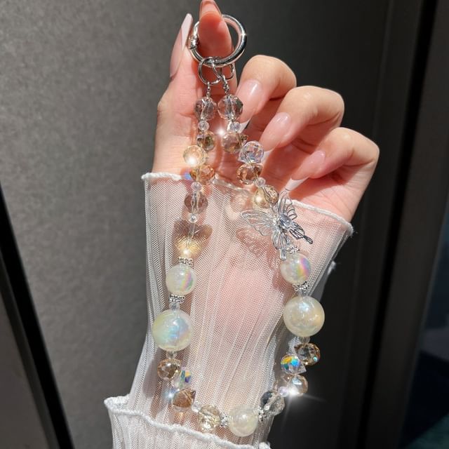 Faux Crystal Beaded Wrist Strap Phone Butterfly
