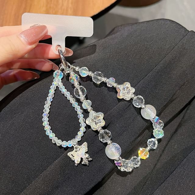 Faux Beaded Phone Strap Crystal Lanyard Butterfly Pad Wrist with