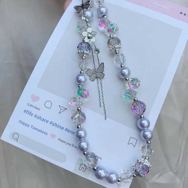 Lanyard Butterfly with Strap Phone Wrist Pad Pearl Faux