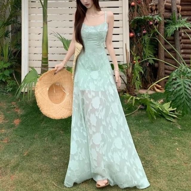 Jacquard Spaghetti Strap A-Line Maxi Dress