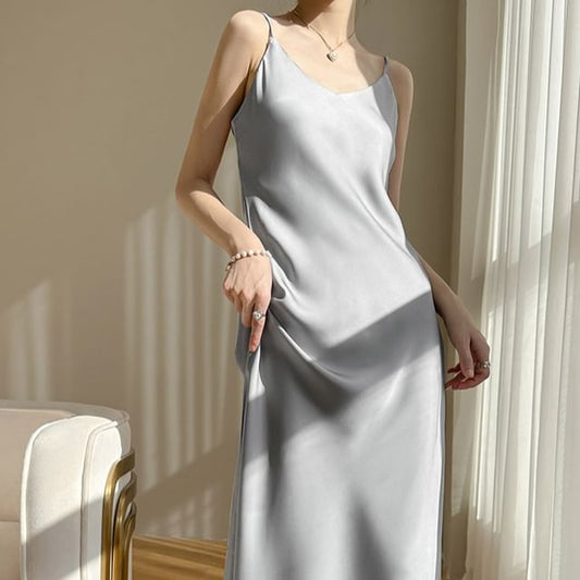 Plain Dress V-Neck Satin Spaghetti A-Line Midi Strap