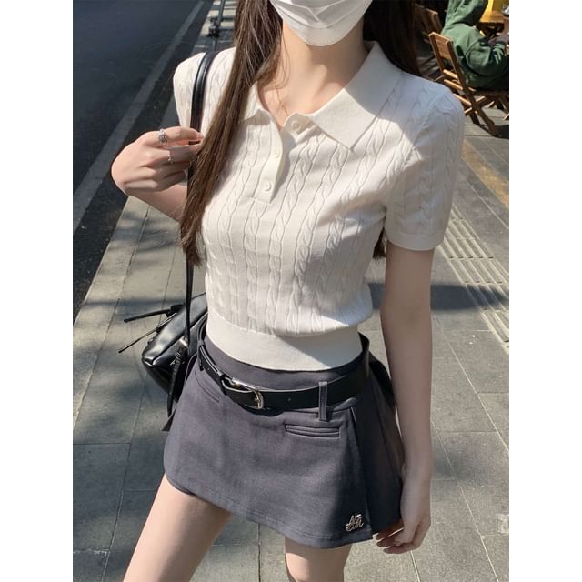 Cable Plain Short-Sleeve Knit Shirt Polo Crop