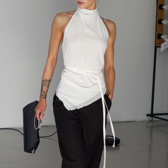 Fit Back Mock Open Plain Halter Neck Crop Asymmetrical Top Slim