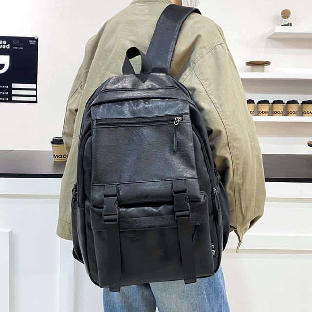 Zip Plain Faux Backpack Leather