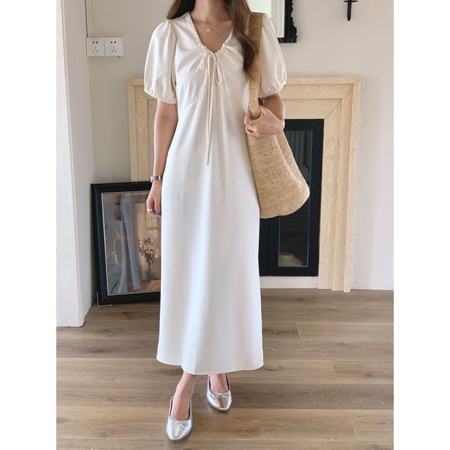 Short Sleeve V-Neck Drawstring Maxi A-Line Dress