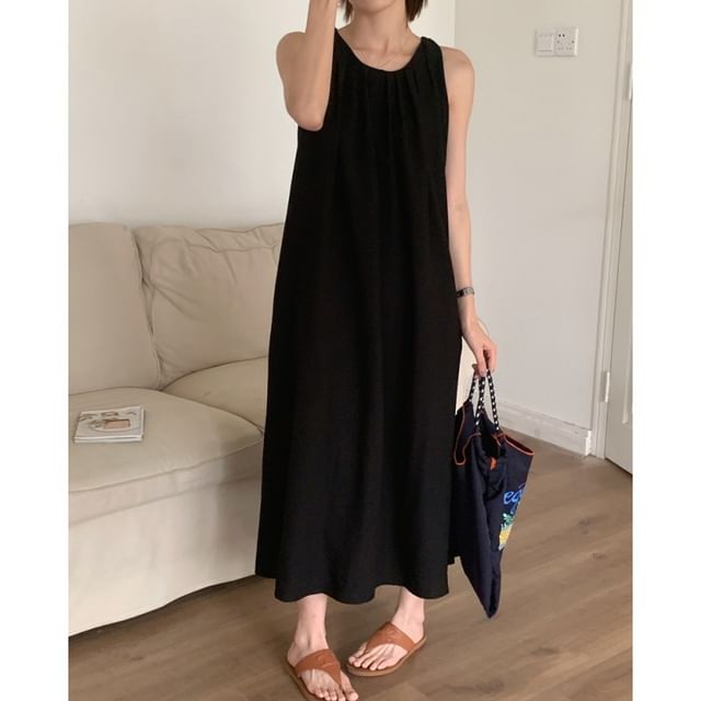 Pleated Cutout Maxi A-Line Sleeveless Round Neck Dress