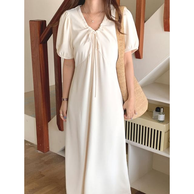 Short Sleeve V-Neck Drawstring Maxi A-Line Dress