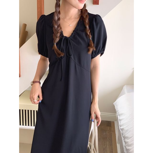Short Sleeve V-Neck Drawstring Maxi A-Line Dress
