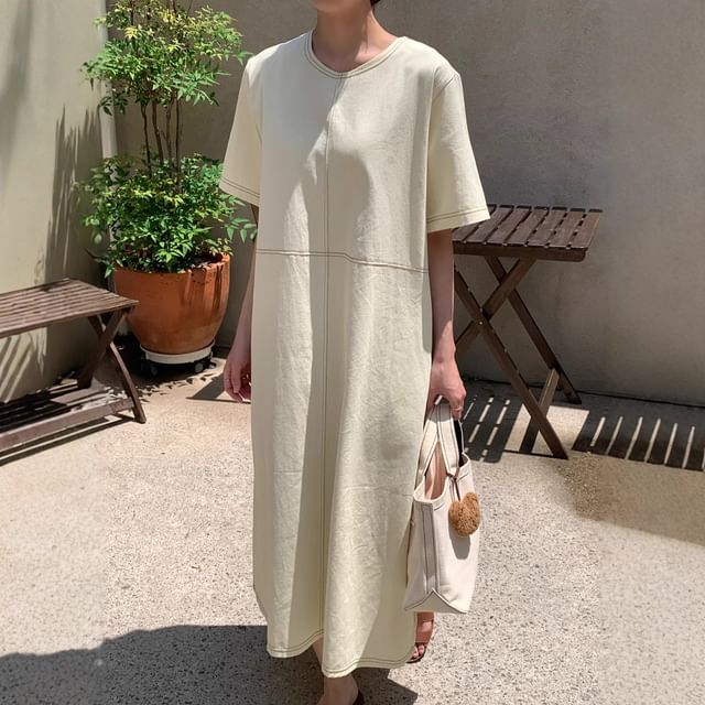 Contrast Stitching Short-Sleeve Crew Neck Maxi Smock Dress