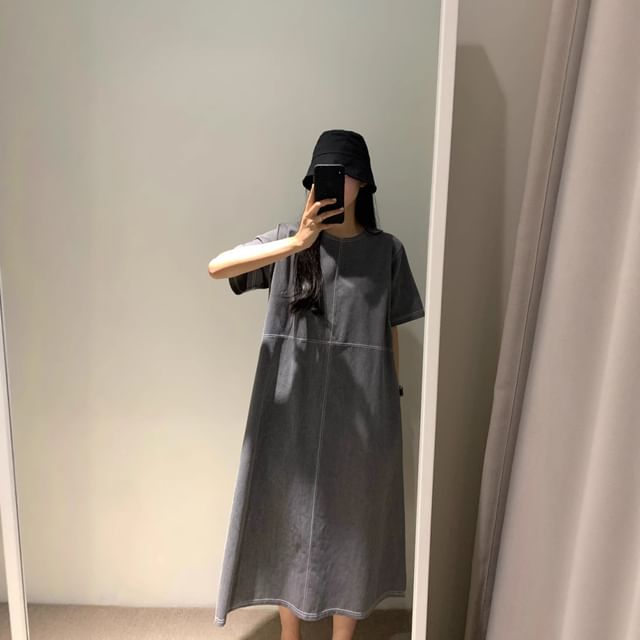 Contrast Stitching Short-Sleeve Crew Neck Maxi Smock Dress