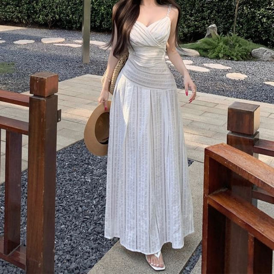 V-Neck Striped Wrap Spaghetti Strap A-Line Maxi Dress