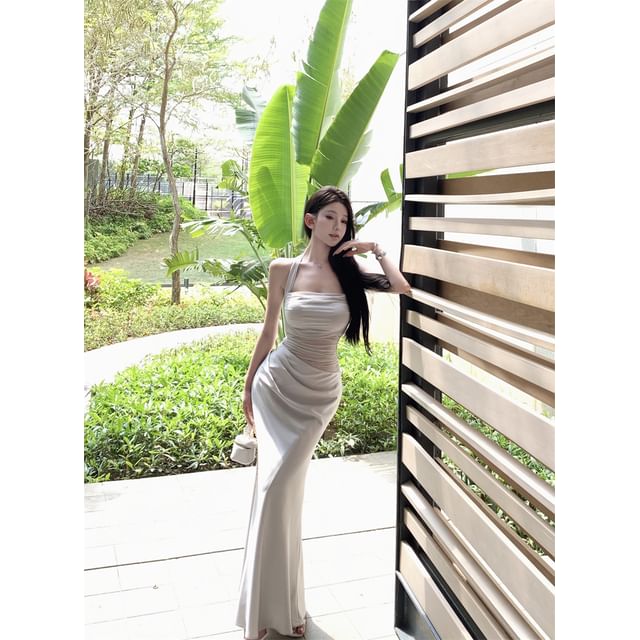 Mesh Panel Halter Neck Ruched Open Back Satin Maxi Mermaid Dress