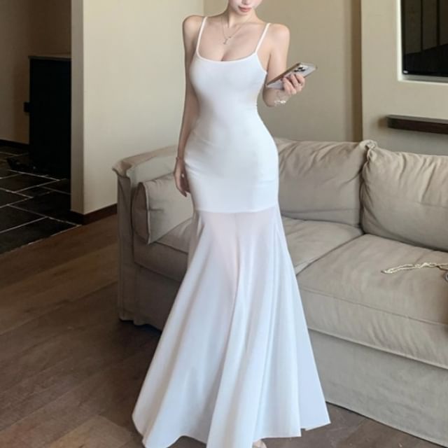 Mesh Panel Spaghetti Strap Scoop Neck Maxi Mermaid Dress