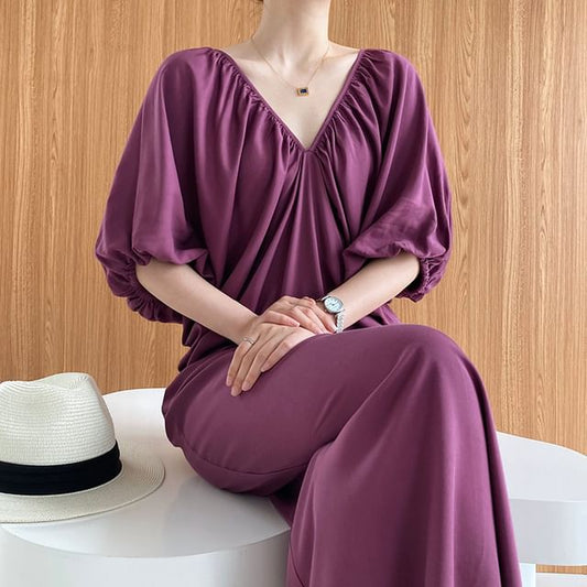 Puff-Sleeve V-Neck Sundress Maxi Length