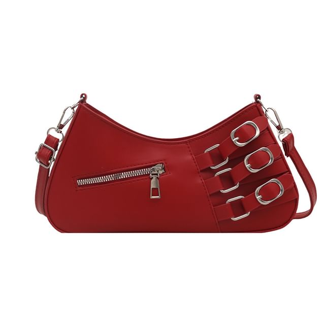 Faux Leather Buckled Zip Shoulder Bag
